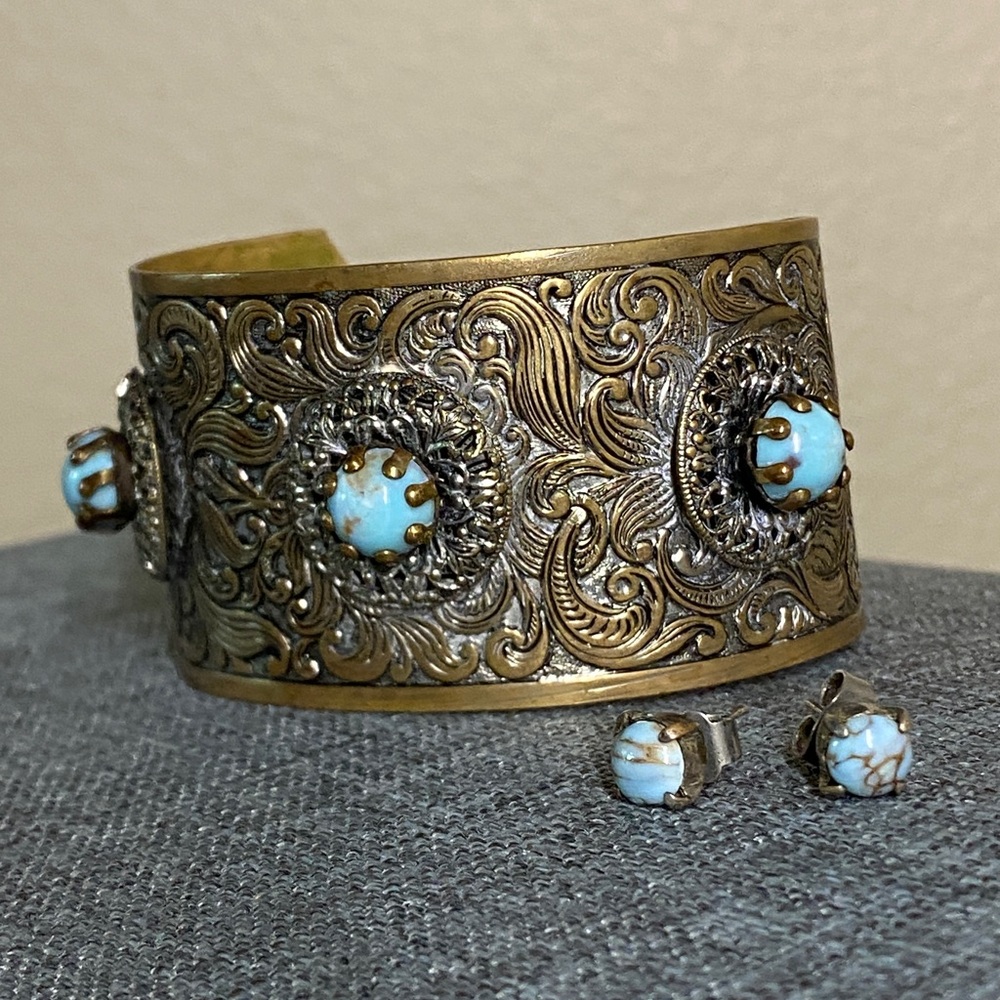 Ornate Turquoise Cuff Bracelet & Stud Earrings | Boho Statement Jewelry Set